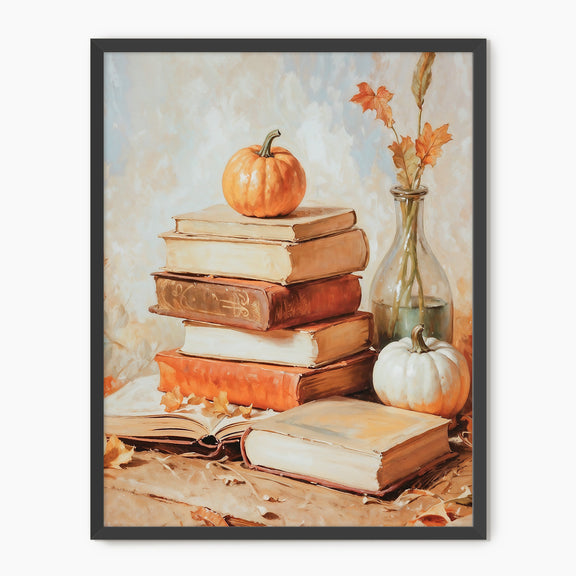 Fall Still Life Painting with Books & Pumpkins - Sage and Rose Prints