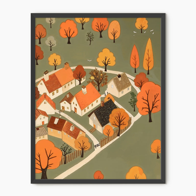 Olive Green Fall Village Illustration - Sage and Rose Prints