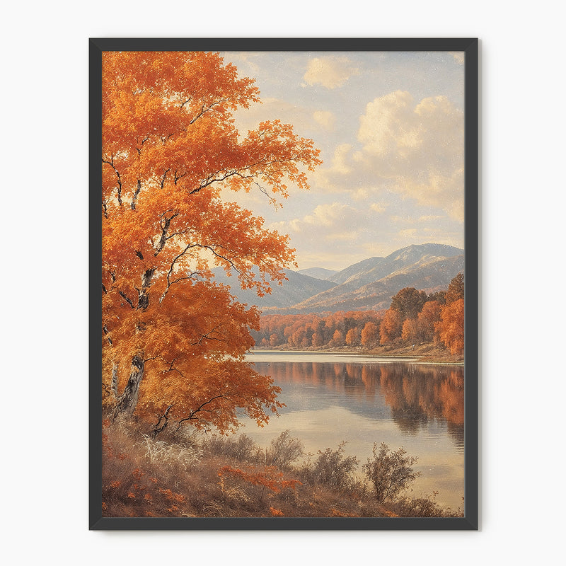 Vintage style fall landscape painting print, fall artwork with wood frame, fall wall art, fall forest, autumn trees, vintage style, Old Masters, rustic, fall painting, fall wall decor in burnt orange and light beige, Sage & Rose Prints