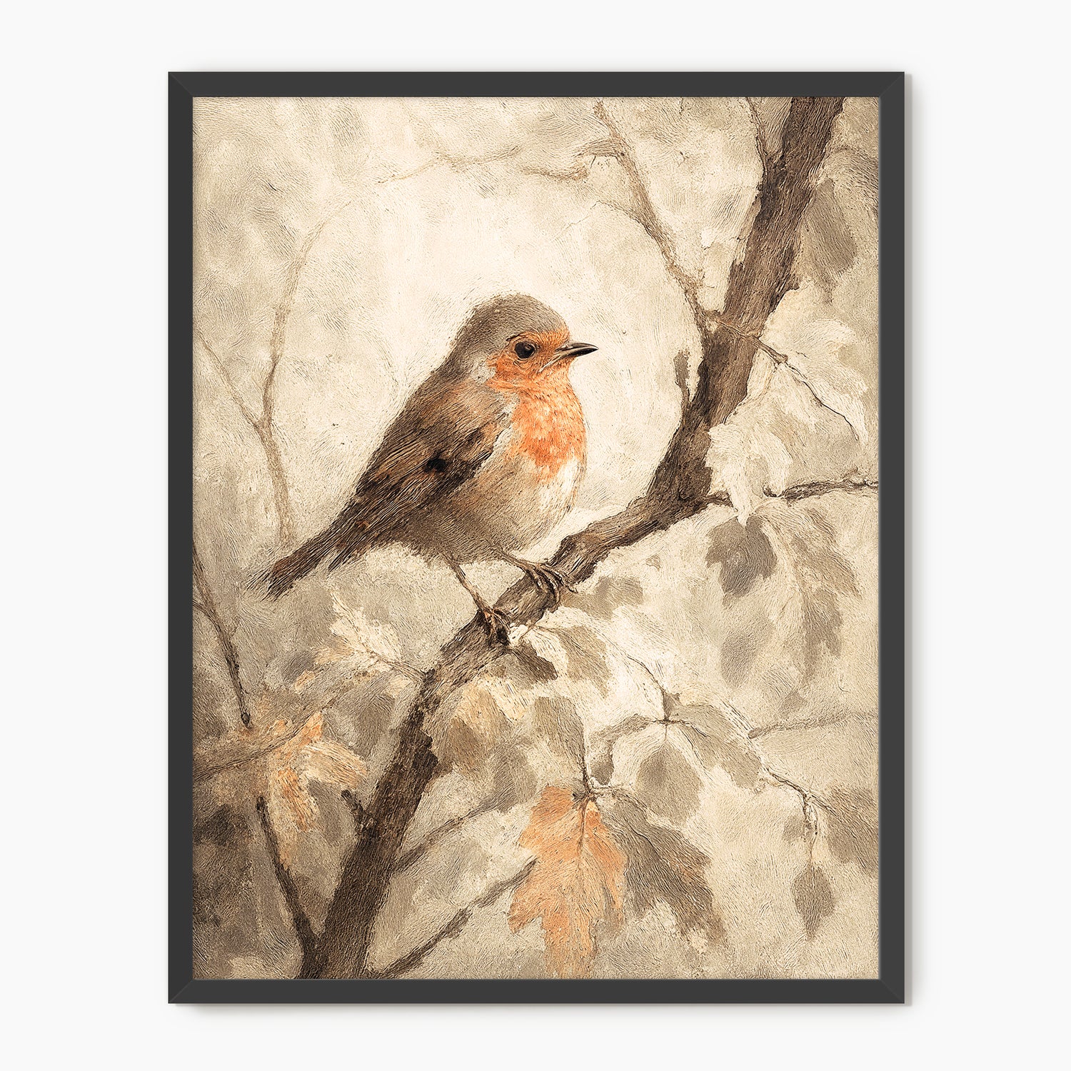 Bird fall print, fall artwork with black frame, fall wall art, robin in the woods fall oil painting, fall wall decor in burnt orange and light beige, Sage & Rose Prints
