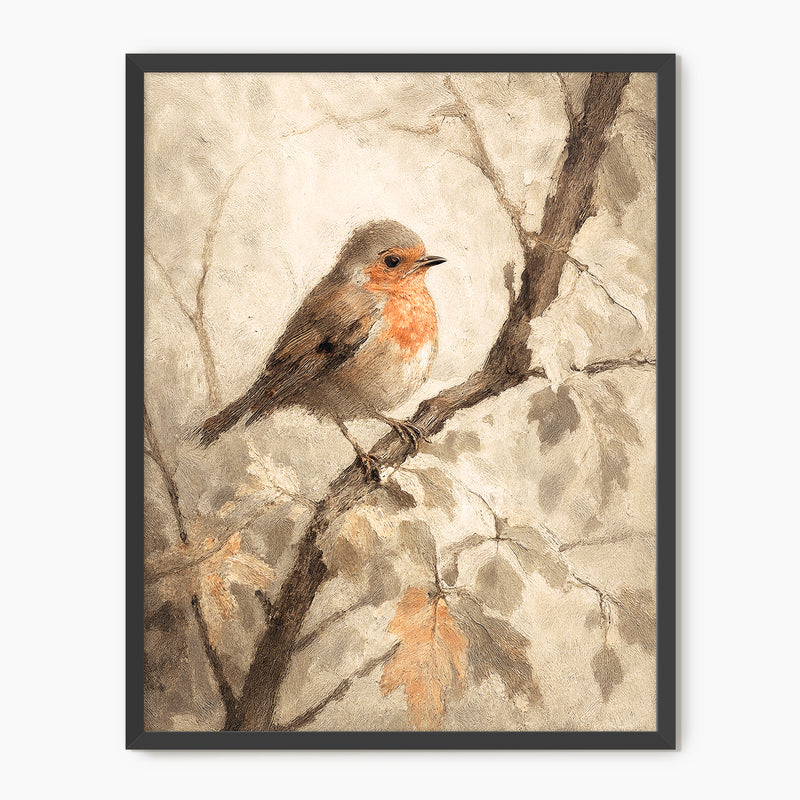 Bird fall print, fall artwork with black frame, fall wall art, robin in the woods fall oil painting, fall wall decor in burnt orange and light beige, Sage & Rose Prints