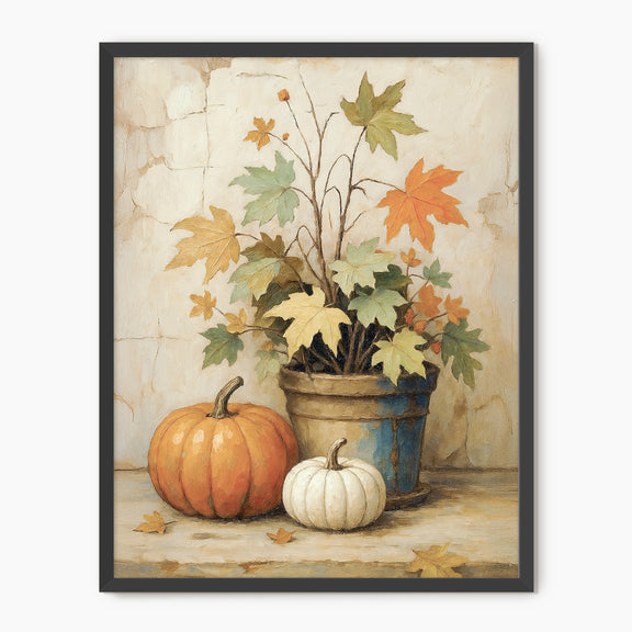 Pumpkin fall print, fall artwork with black frame, fall wall art, pumpkin fall oil painting, fall wall decor in burnt orange and light beige, Sage & Rose Prints
