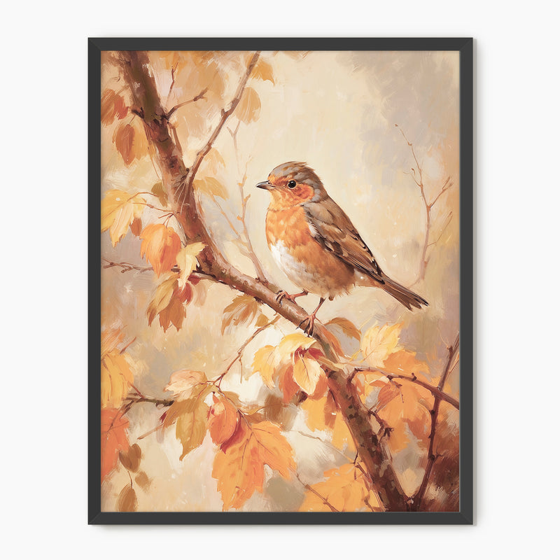 Bird fall print, fall artwork with black frame, fall wall art, robin fall oil painting, fall wall decor in burnt orange and light beige, Sage & Rose Prints