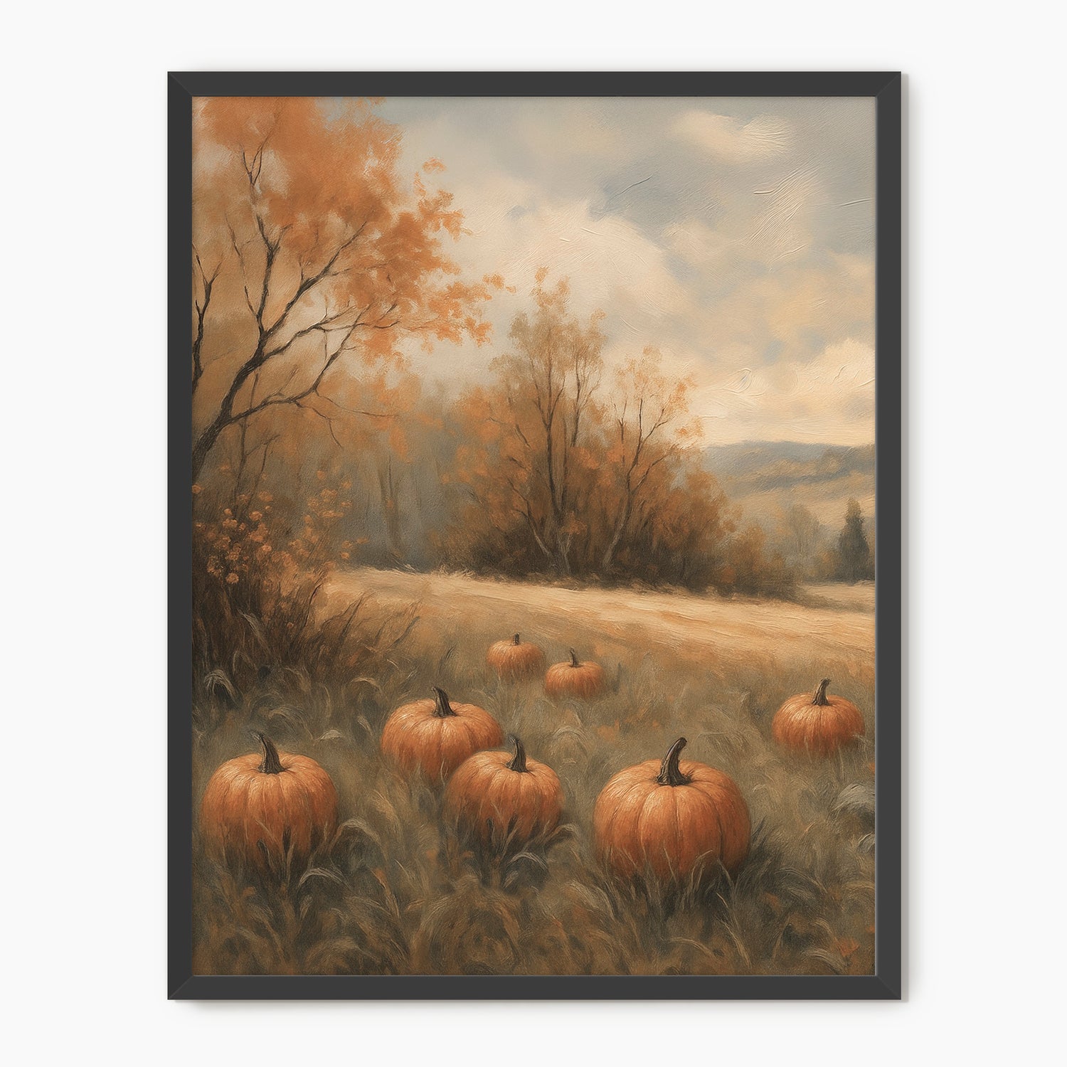 Vintage Style pumpkin fall print, fall artwork with solid wood black frame, fall wall art, pumpkin fall oil painting, fall wall decor in burnt orange and light beige, Sage & Rose Prints