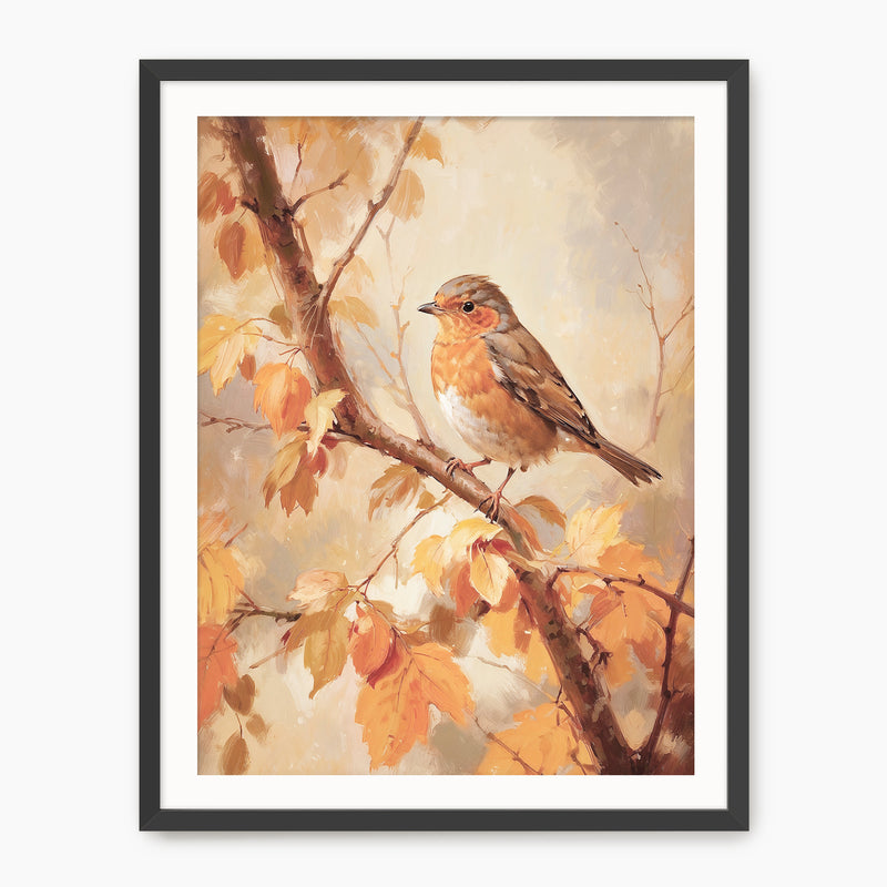 Bird fall print, fall artwork with black frame, fall wall art, robin fall oil painting, fall wall decor in burnt orange and light beige, Sage & Rose Prints