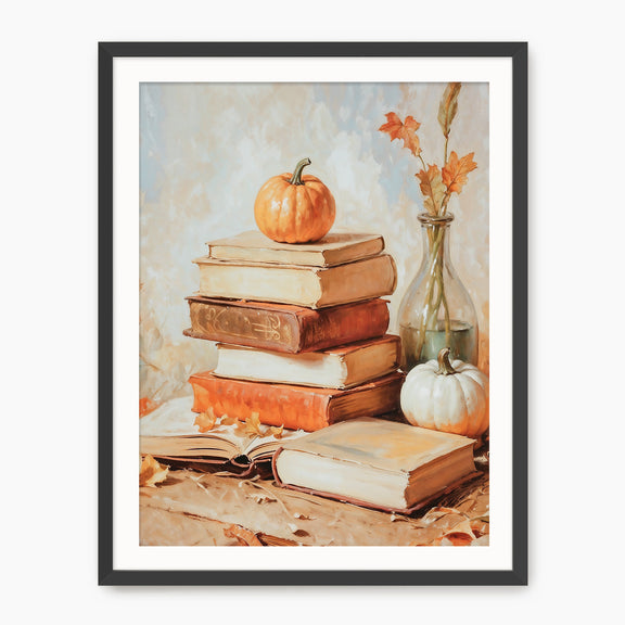 Fall Still Life Painting with Books & Pumpkins - Sage and Rose Prints