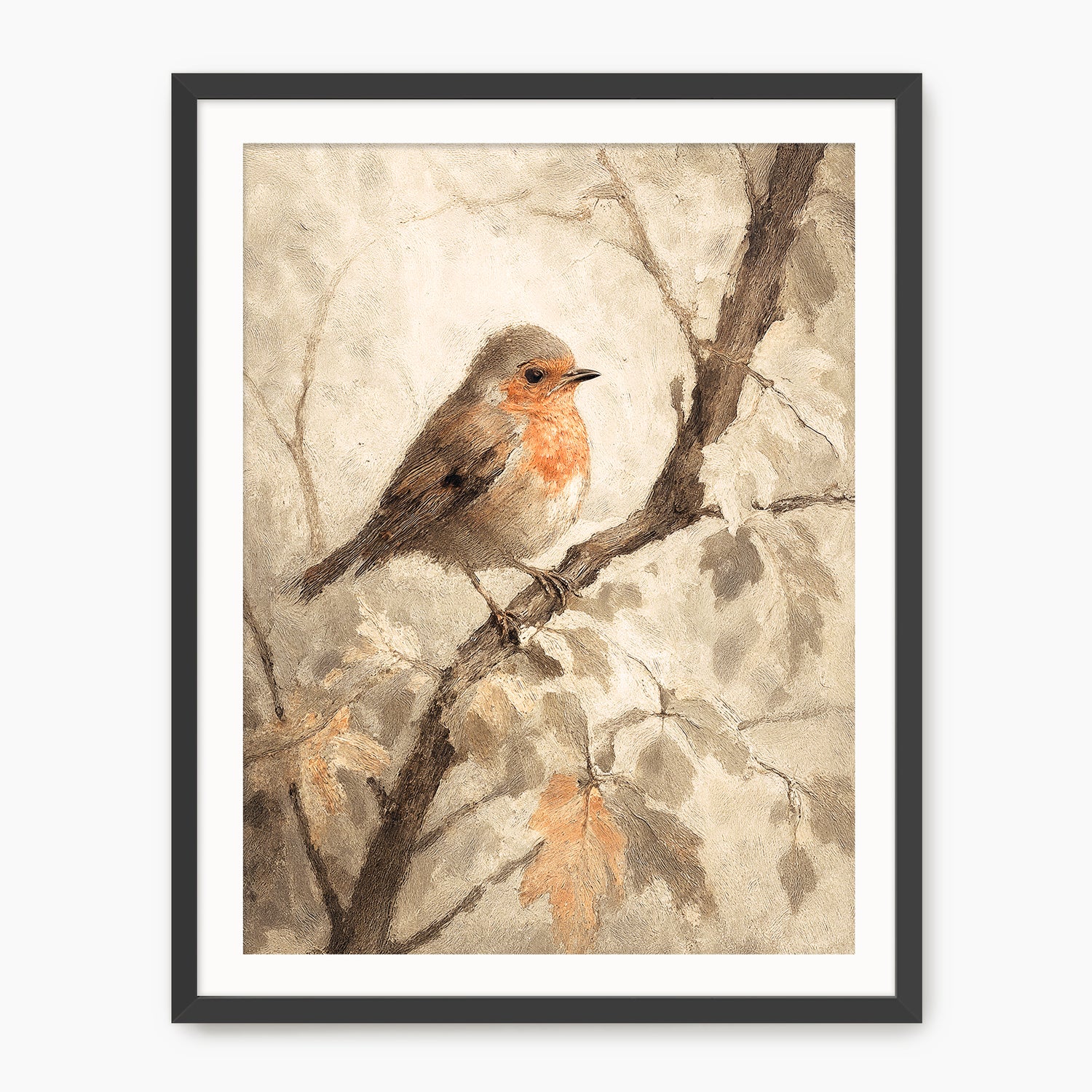 Bird fall print, fall artwork with black frame, fall wall art, robin in the woods fall oil painting, fall wall decor in burnt orange and light beige, Sage & Rose Prints