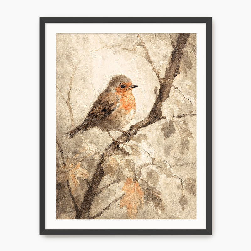 Bird fall print, fall artwork with black frame, fall wall art, robin in the woods fall oil painting, fall wall decor in burnt orange and light beige, Sage & Rose Prints