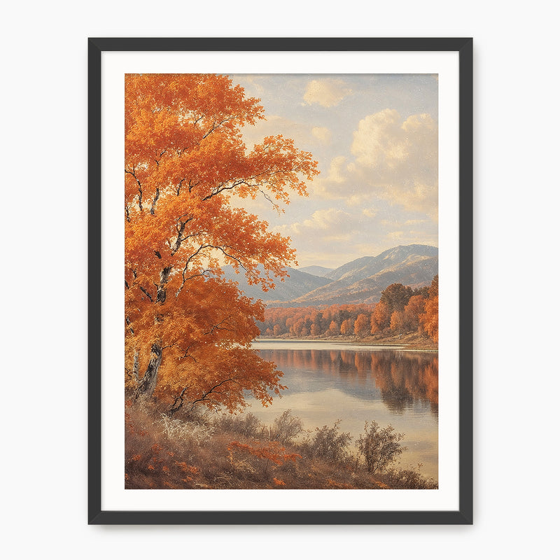 Vintage style fall landscape painting print, fall artwork with wood frame, fall wall art, fall forest, autumn trees, vintage style, Old Masters, rustic, fall painting, fall wall decor in burnt orange and light beige, Sage & Rose Prints