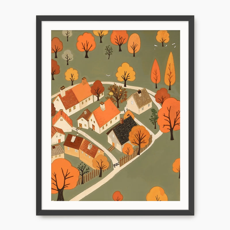 Olive Green Fall Village Illustration - Sage and Rose Prints