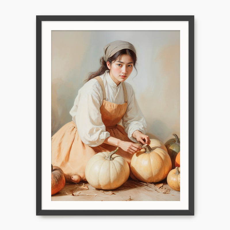 Vintage Painting of Girl with Pumpkins Fall Art Print - Sage and Rose Prints
