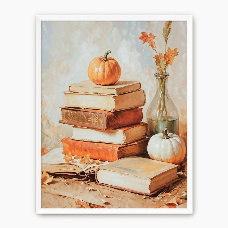 Fall Still Life Painting with Books & Pumpkins - Sage and Rose Prints