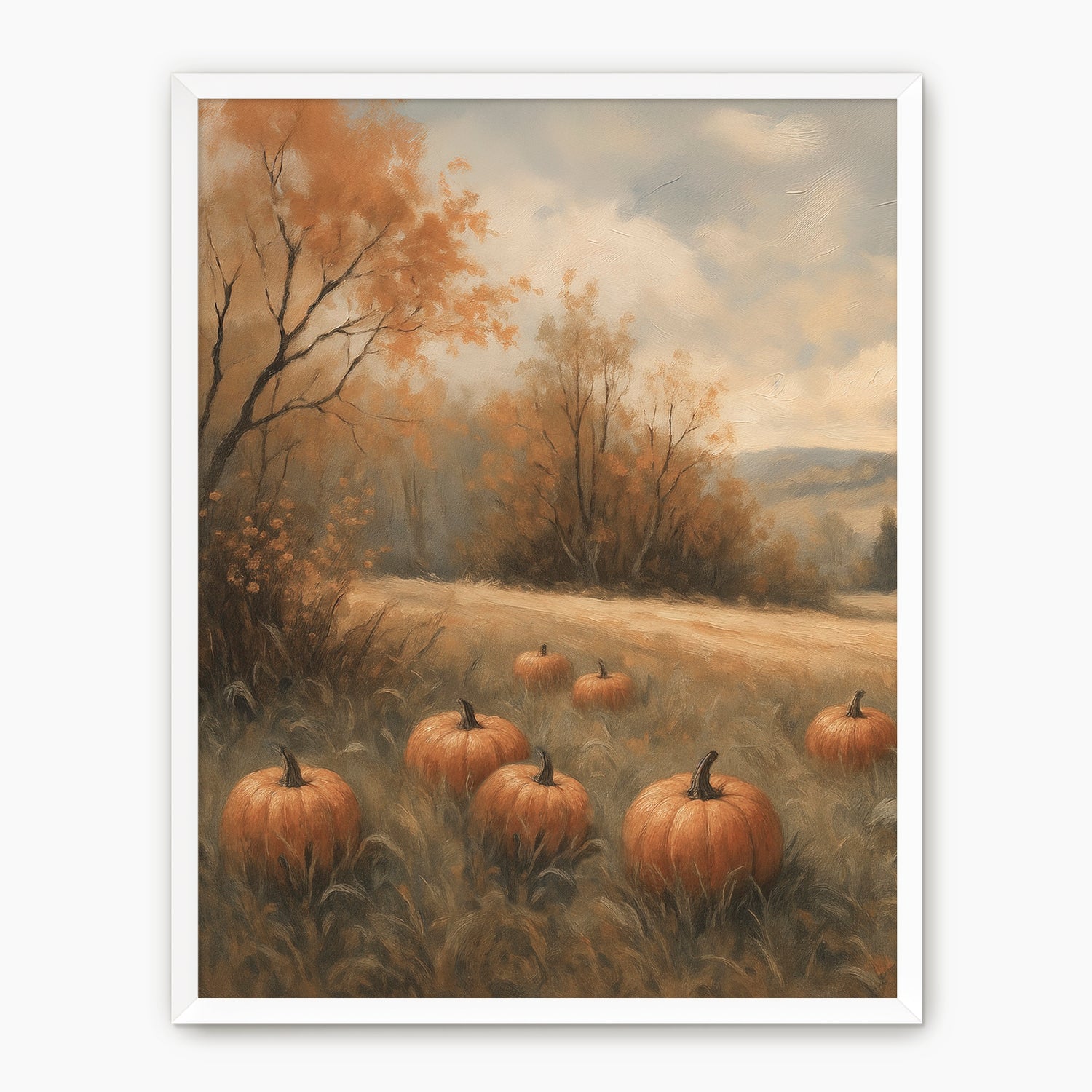 Vintage Style pumpkin fall print, fall artwork with solid wood white frame, fall wall art, pumpkin fall oil painting, fall wall decor in burnt orange and light beige, Sage & Rose Prints