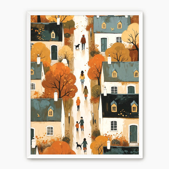 Nostalgic Village Folk Art Fall Wall Art - Sage and Rose Prints