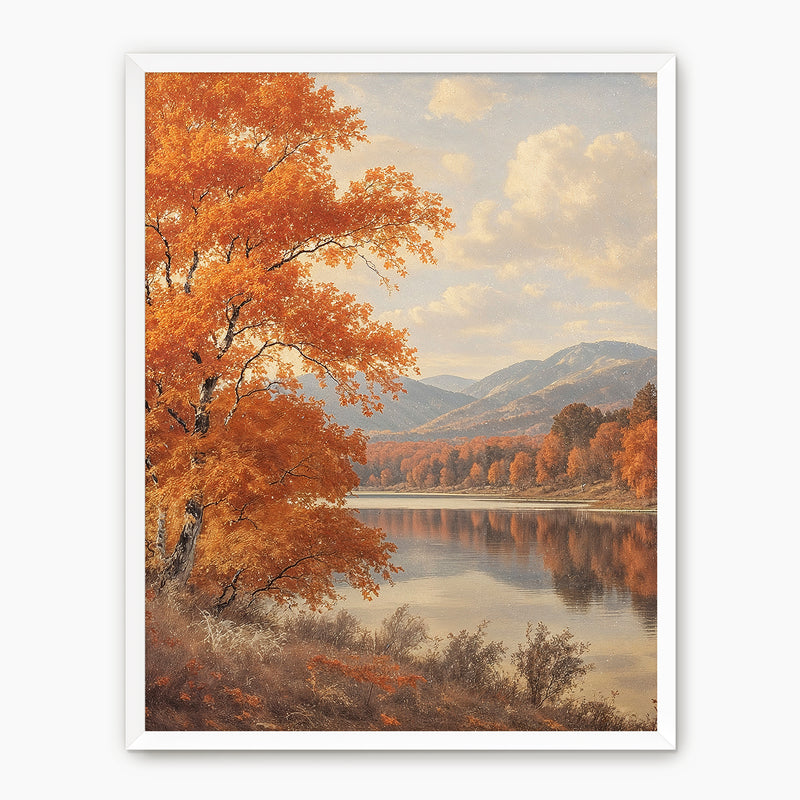 Vintage style fall landscape painting print, fall artwork with wood frame, fall wall art, fall forest, autumn trees, vintage style, Old Masters, rustic, fall painting, fall wall decor in burnt orange and light beige, Sage & Rose Prints