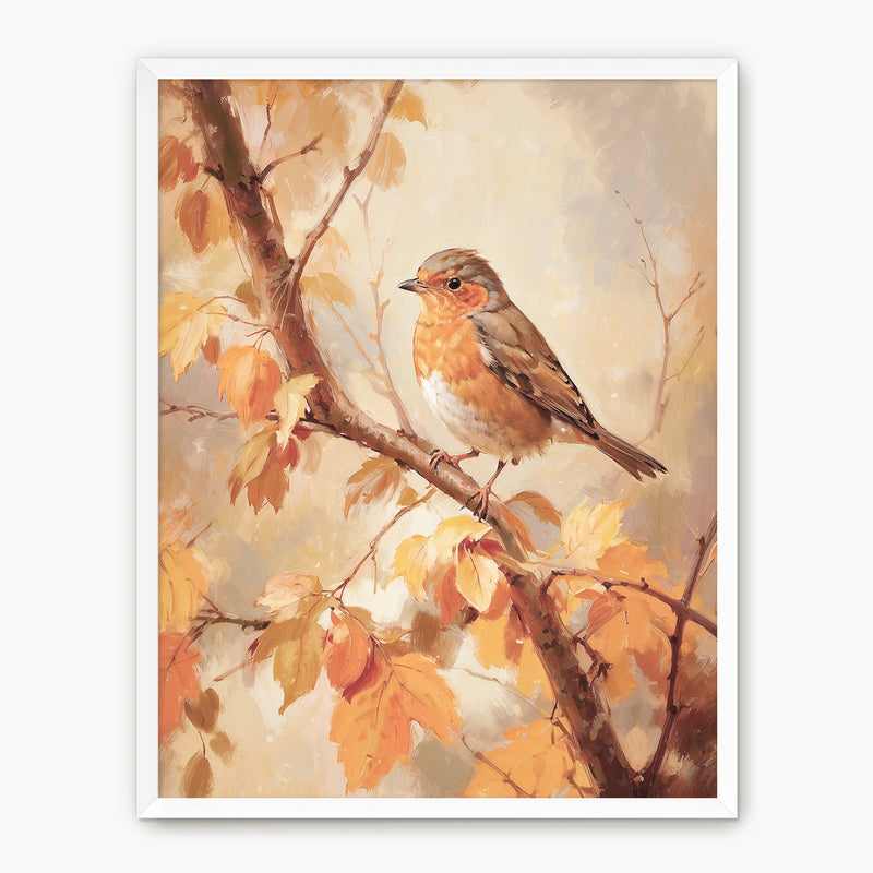 Bird fall print, fall artwork with white frame, fall wall art, robin fall oil painting, fall wall decor in burnt orange and light beige, Sage & Rose Prints