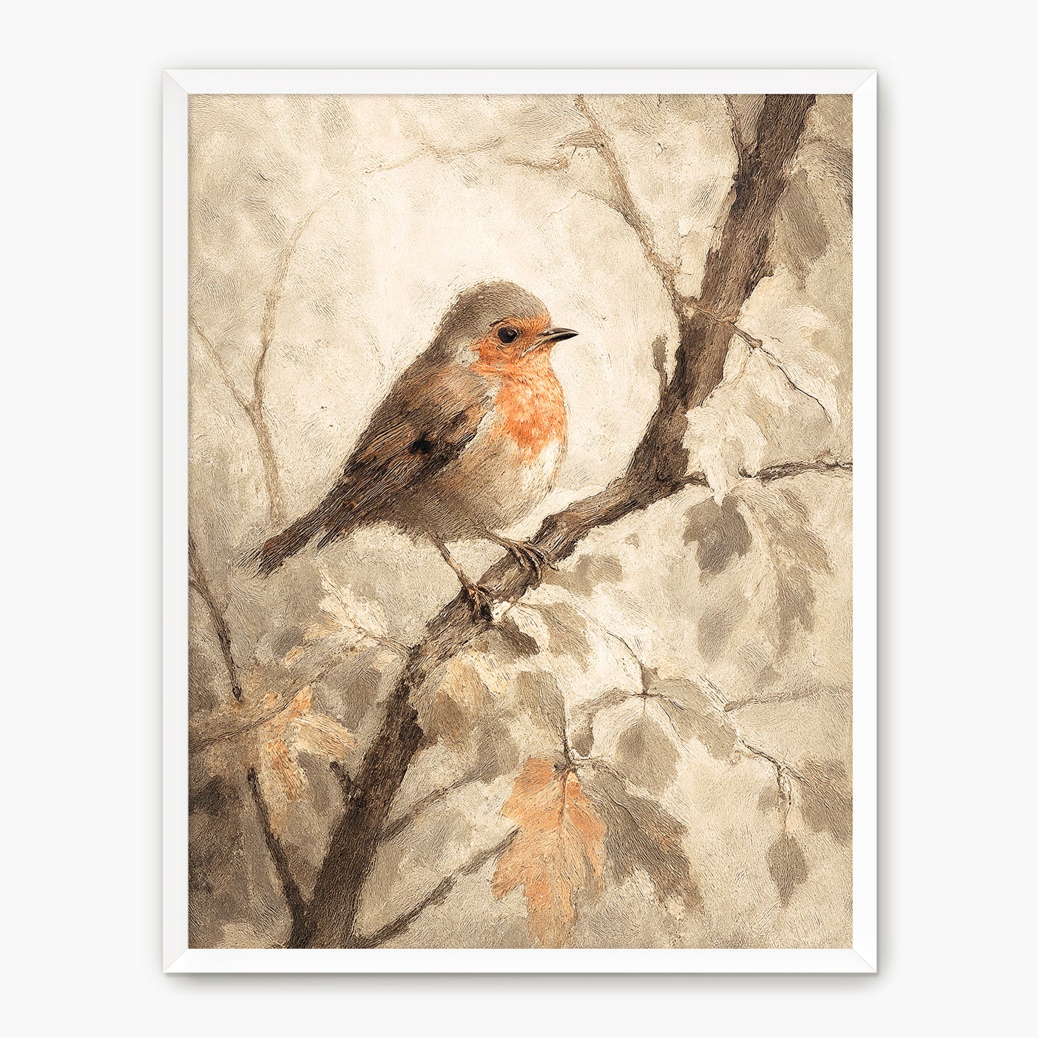 Bird fall print, fall artwork with white frame, fall wall art, robin in the woods fall oil painting, fall wall decor in burnt orange and light beige, Sage & Rose Prints