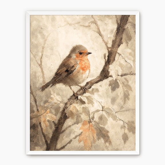 Bird fall print, fall artwork with white frame, fall wall art, robin in the woods fall oil painting, fall wall decor in burnt orange and light beige, Sage & Rose Prints