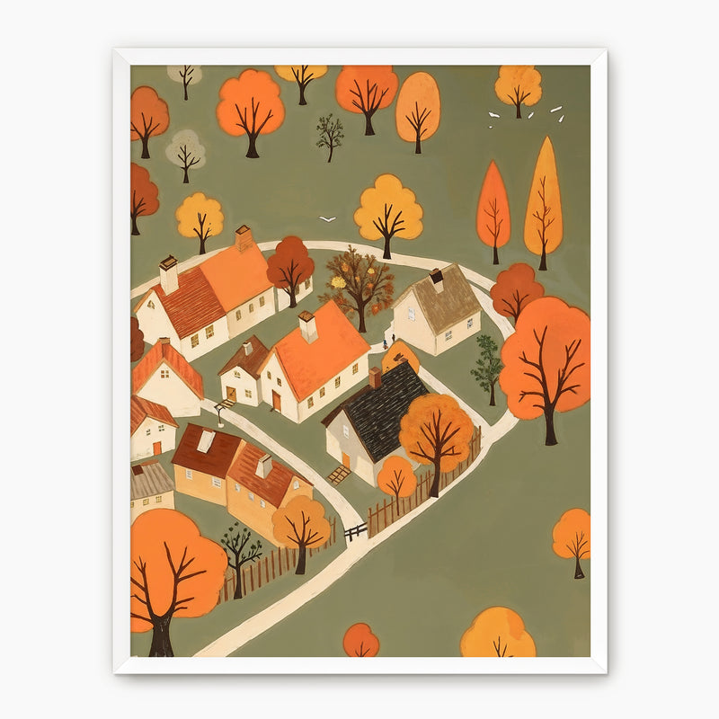 Olive Green Fall Village Illustration - Sage and Rose Prints