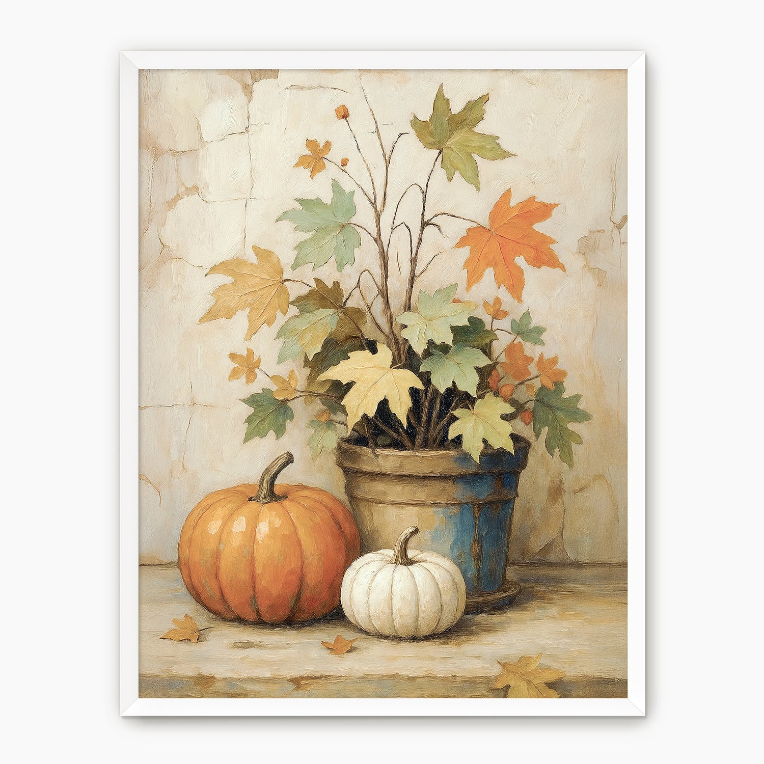Pumpkin fall print, fall artwork with white frame, fall wall art, pumpkin fall oil painting, fall wall decor in burnt orange and light beige, Sage & Rose Prints