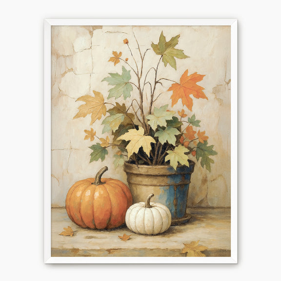 Pumpkin fall print, fall artwork with white frame, fall wall art, pumpkin fall oil painting, fall wall decor in burnt orange and light beige, Sage & Rose Prints