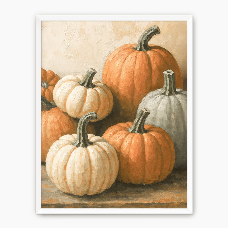 Pumpkin fall print, fall artwork with white frame, fall wall art, pumpkin fall oil painting, fall wall decor in burnt orange and light beige, Sage & Rose Prints