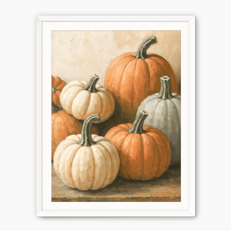 Pumpkin fall print, fall artwork with white frame, fall wall art, pumpkin fall oil painting, fall wall decor in burnt orange and light beige, Sage & Rose Prints