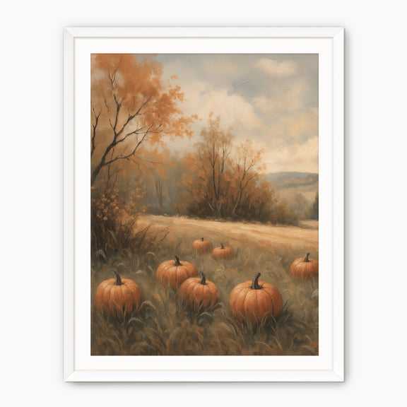 Vintage Style pumpkin fall print, fall artwork with solid wood white frame, fall wall art, pumpkin fall oil painting, fall wall decor in burnt orange and light beige, Sage & Rose Prints