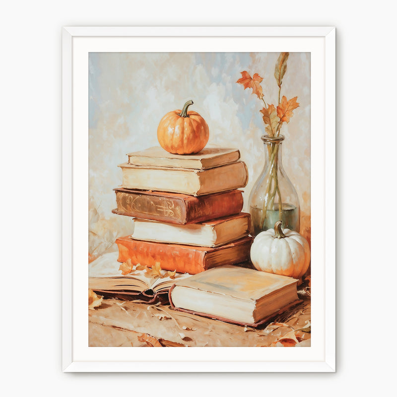 Fall Still Life Painting with Books & Pumpkins - Sage and Rose Prints