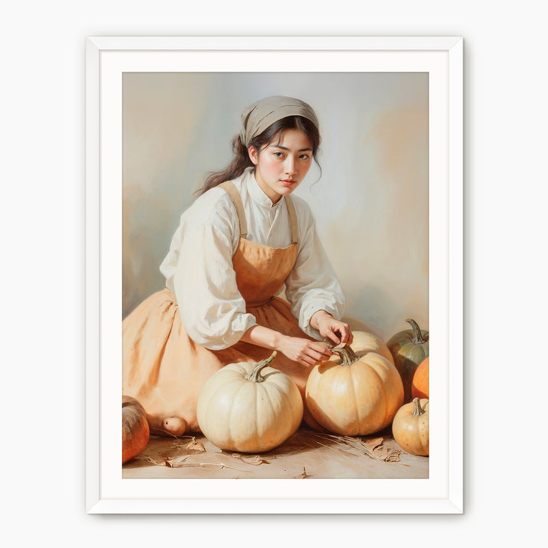 Vintage Painting of Girl with Pumpkins Fall Art Print - Sage and Rose Prints
