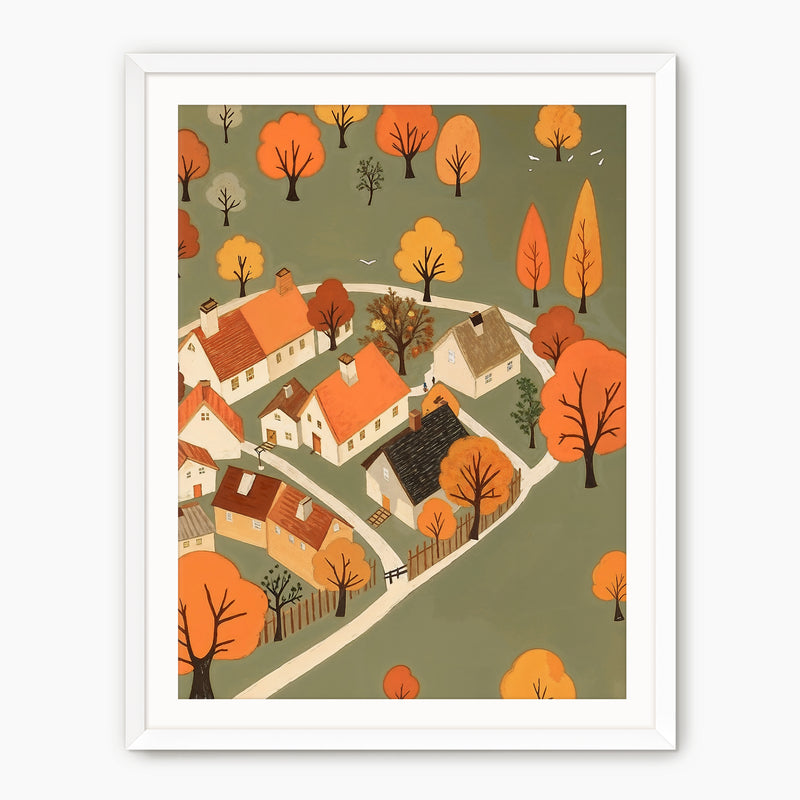 Olive Green Fall Village Illustration - Sage and Rose Prints