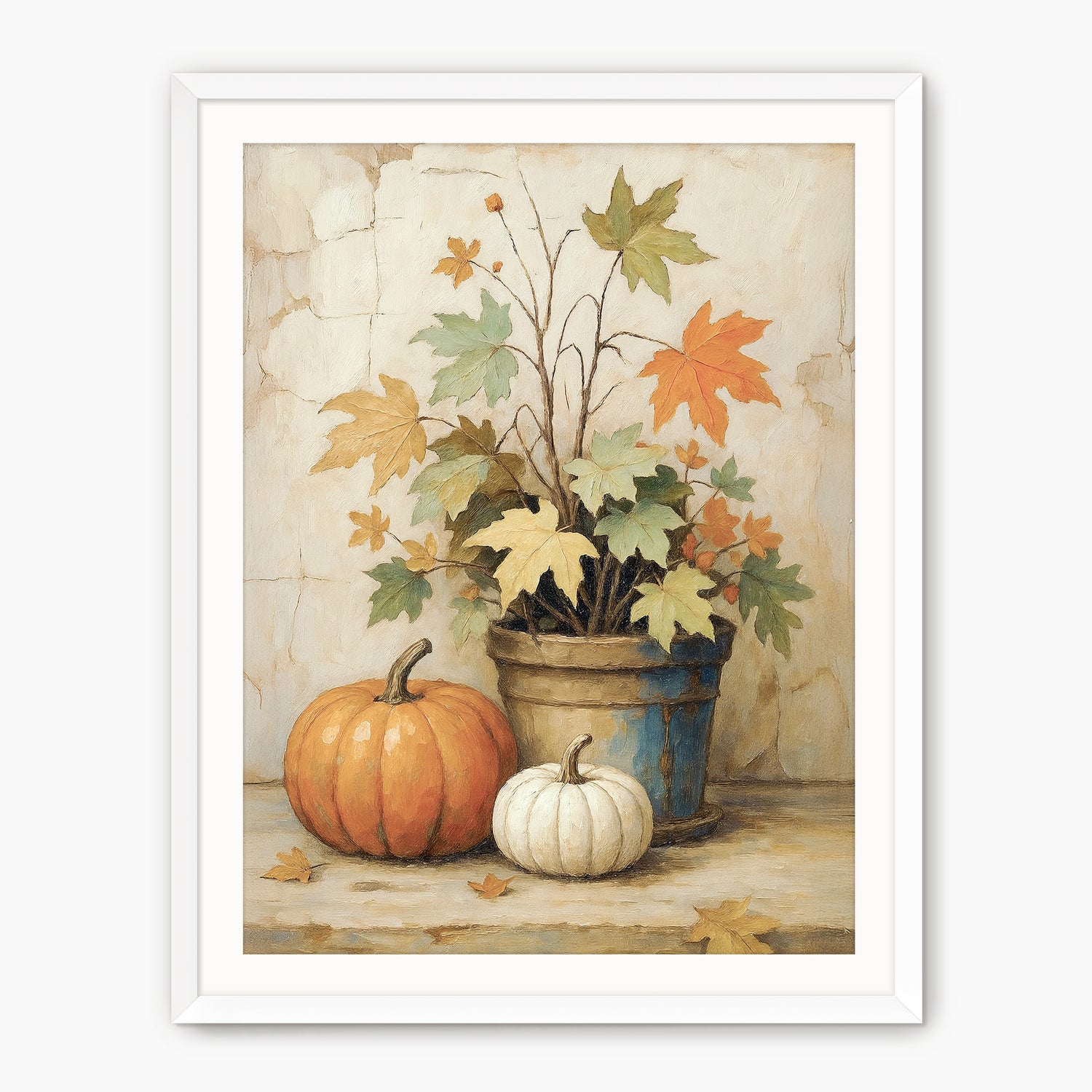 Pumpkin fall print, fall artwork with white frame, fall wall art, pumpkin fall oil painting, fall wall decor in burnt orange and light beige, Sage & Rose Prints