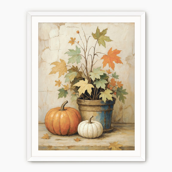 Pumpkin fall print, fall artwork with white frame, fall wall art, pumpkin fall oil painting, fall wall decor in burnt orange and light beige, Sage & Rose Prints