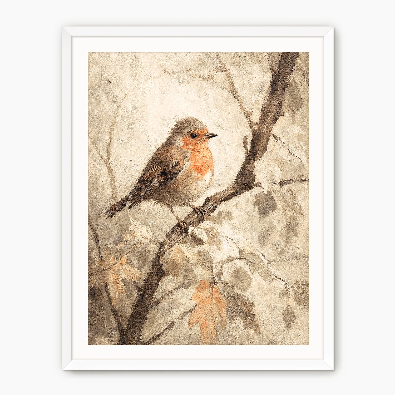 Bird fall print, fall artwork with white frame, fall wall art, robin in the woods fall oil painting, fall wall decor in burnt orange and light beige, Sage & Rose Prints