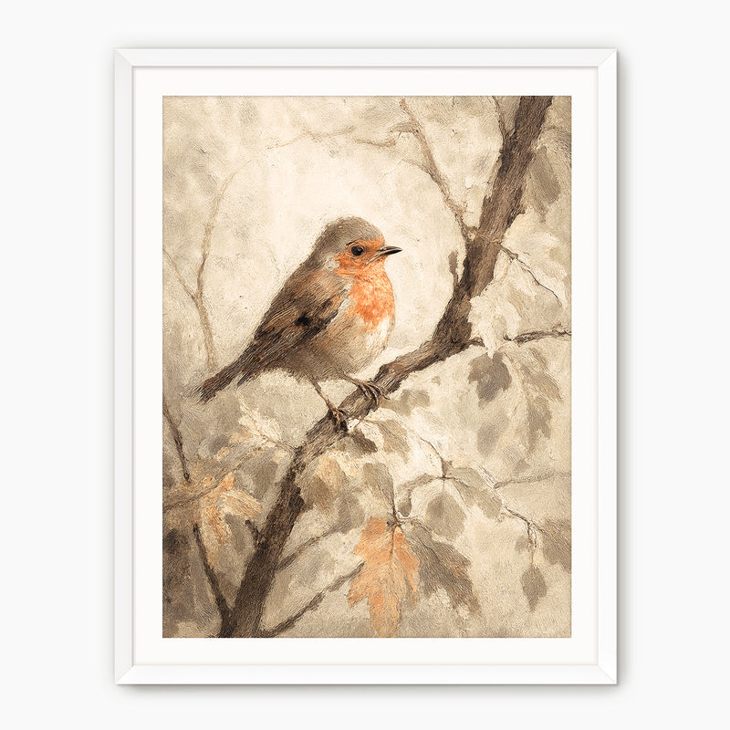 Bird fall print, fall artwork with white frame, fall wall art, robin in the woods fall oil painting, fall wall decor in burnt orange and light beige, Sage & Rose Prints