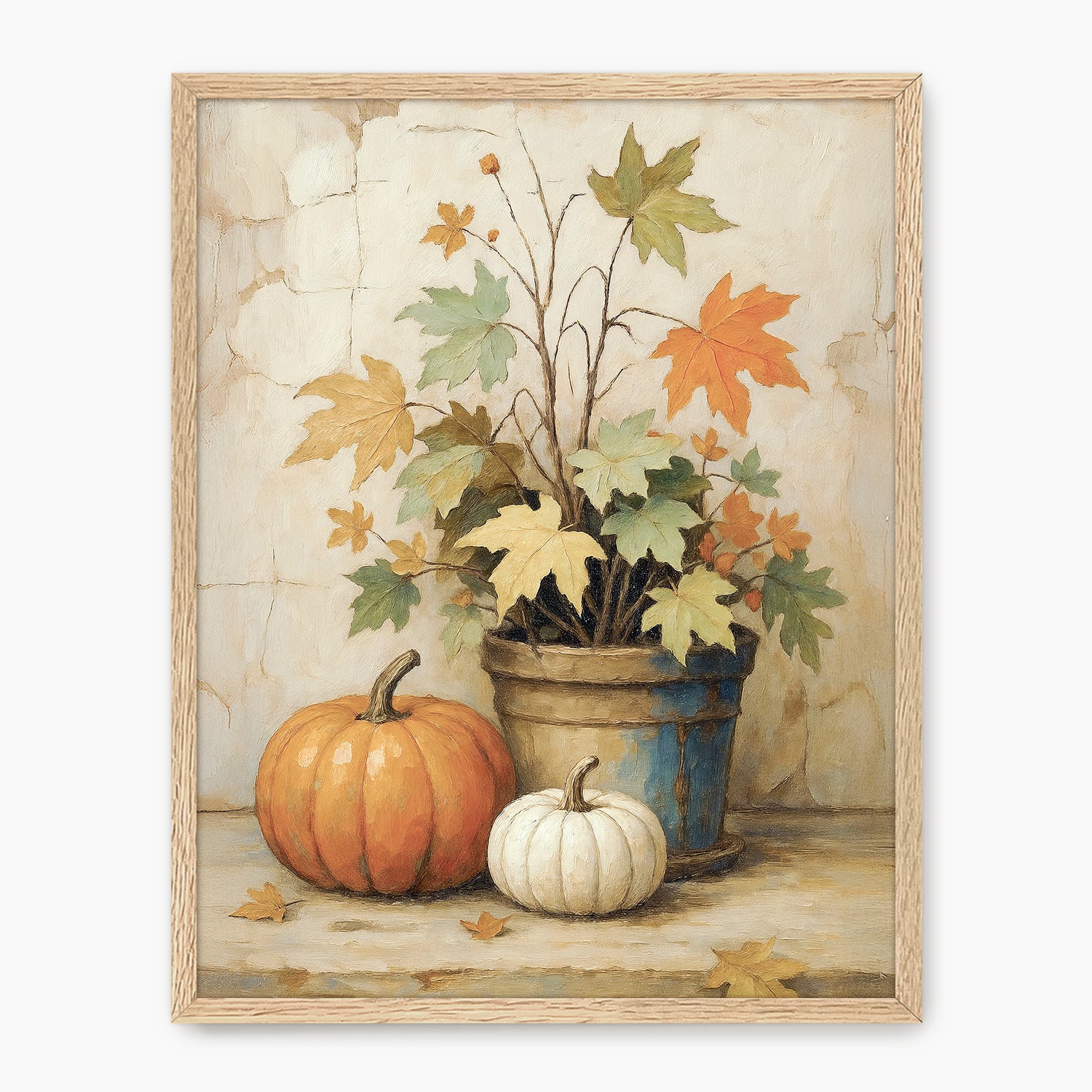 Pumpkin fall print, fall artwork with wood frame, fall wall art, pumpkin fall oil painting, fall wall decor in burnt orange and light beige, Sage & Rose Prints