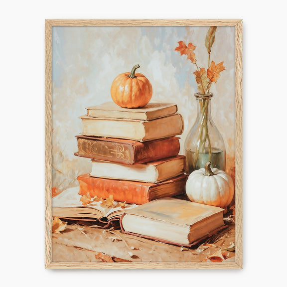 Fall Still Life Painting with Books & Pumpkins - Sage and Rose Prints