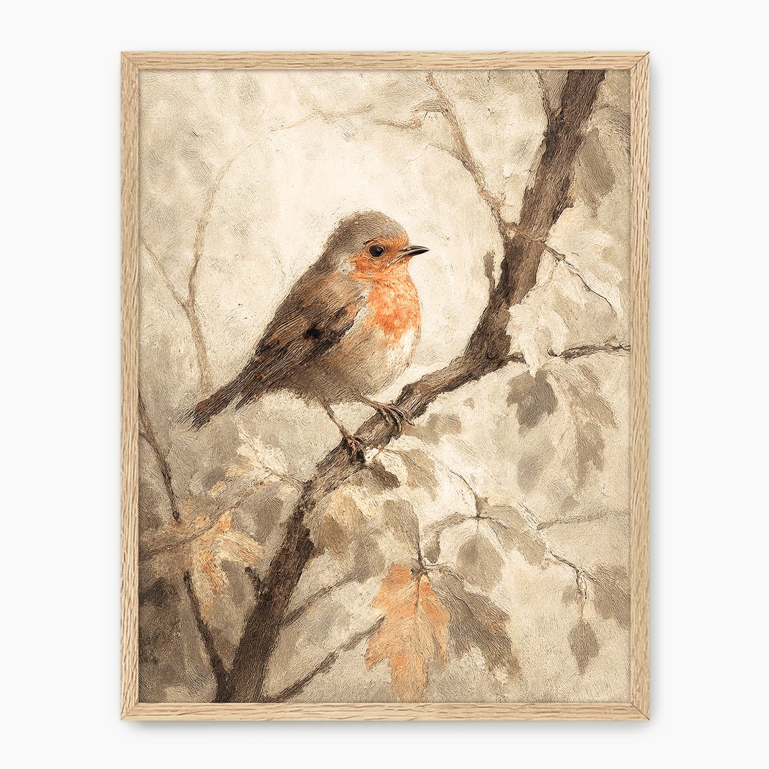 Bird fall print, fall artwork with wood frame, fall wall art, robin in the woods fall oil painting, fall wall decor in burnt orange and light beige, Sage & Rose Prints