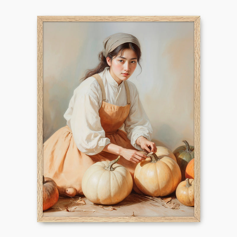 Vintage Painting of Girl with Pumpkins Fall Art Print - Sage and Rose Prints
