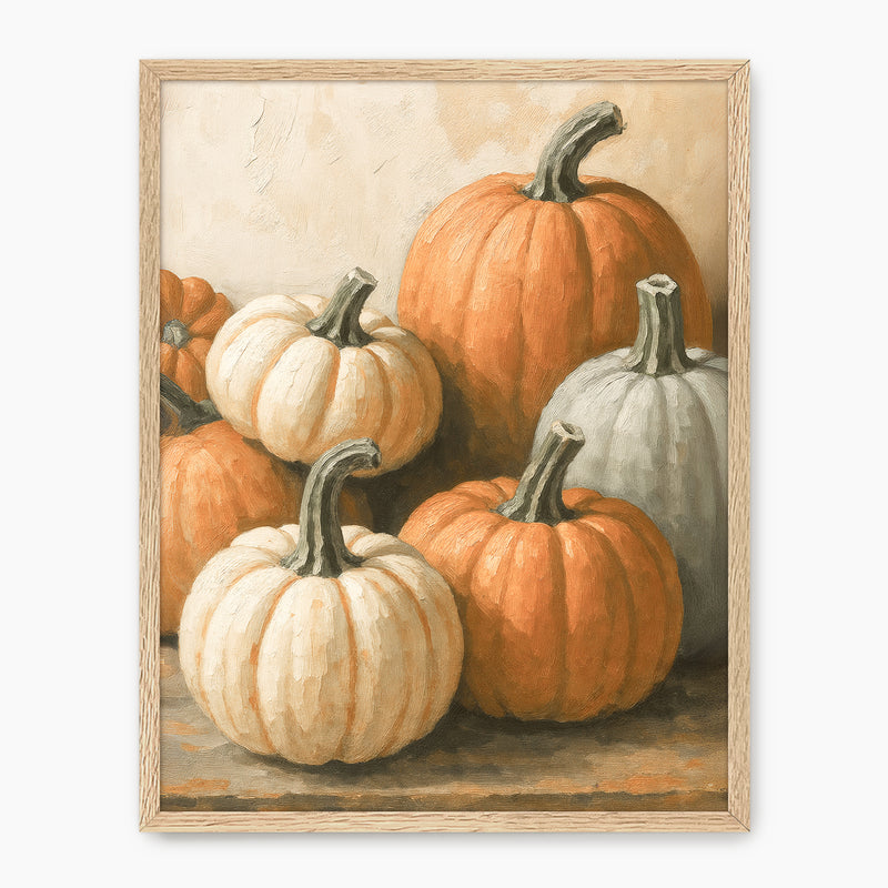 Pumpkin fall print, fall artwork with wood frame, fall wall art, pumpkin fall oil painting, fall wall decor in burnt orange and light beige, Sage & Rose Prints