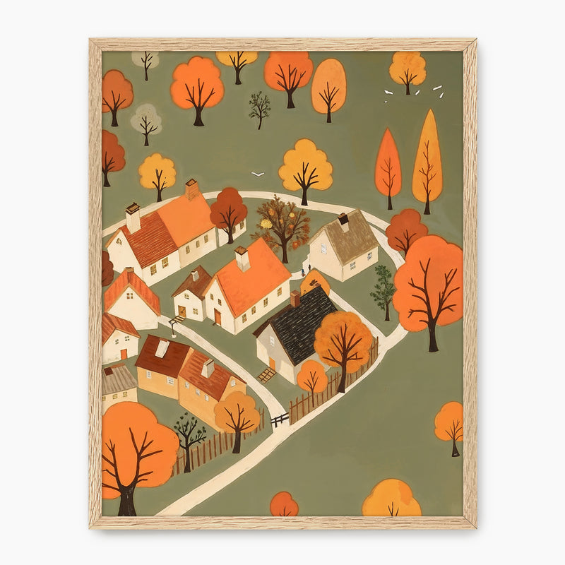Olive Green Fall Village Illustration - Sage and Rose Prints
