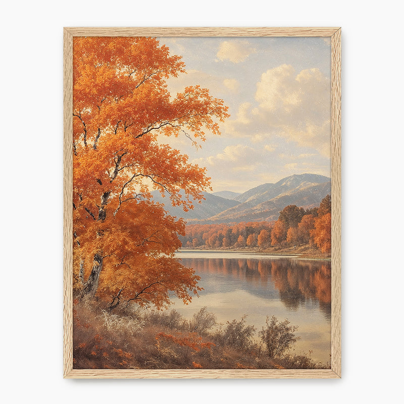 Vintage style fall landscape painting print, fall artwork with wood frame, fall wall art, fall forest, autumn trees, vintage style, Old Masters, rustic, fall painting, fall wall decor in burnt orange and light beige, Sage & Rose Prints