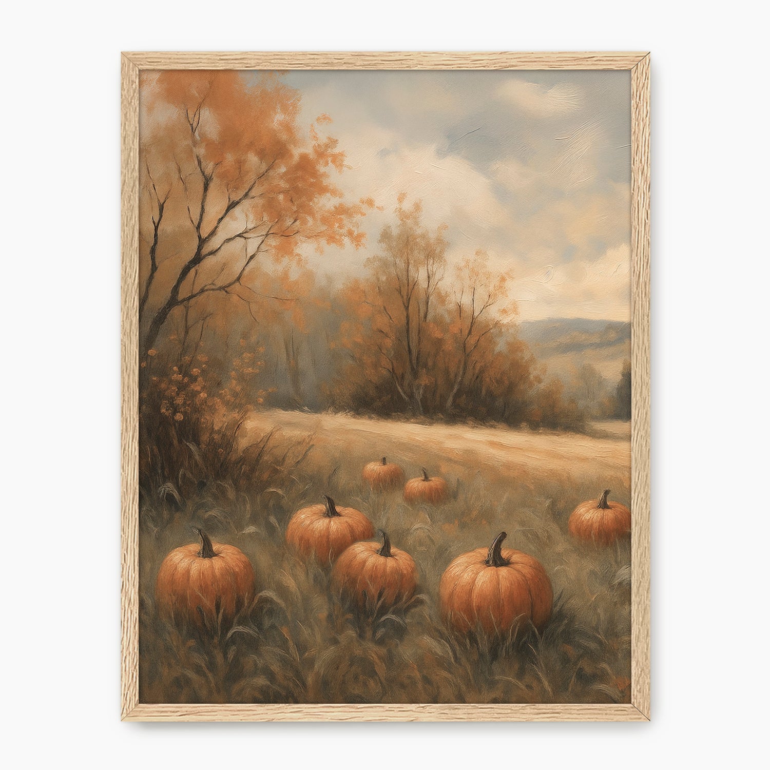 Vintage Style pumpkin fall print, fall artwork with solid oak wood frame, fall wall art, pumpkin fall oil painting, fall wall decor in burnt orange and light beige, Sage & Rose Prints