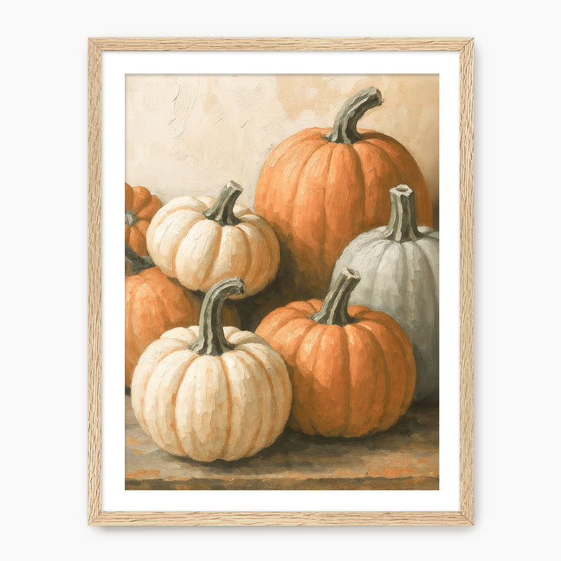 Pumpkin fall print, fall artwork with wood frame, fall wall art, pumpkin fall oil painting, fall wall decor in burnt orange and light beige, Sage & Rose Prints