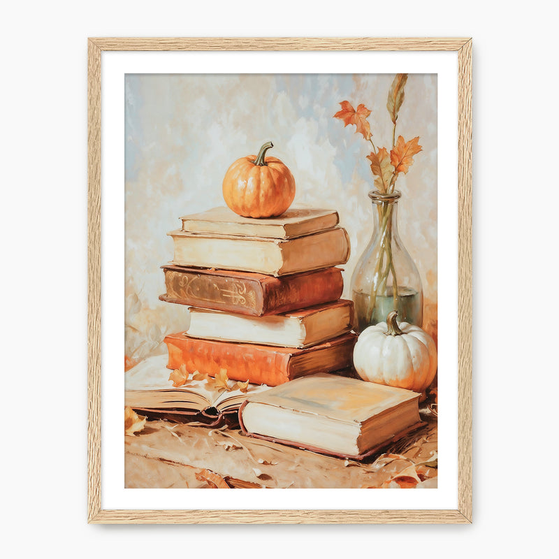 Fall Still Life Painting with Books & Pumpkins - Sage and Rose Prints