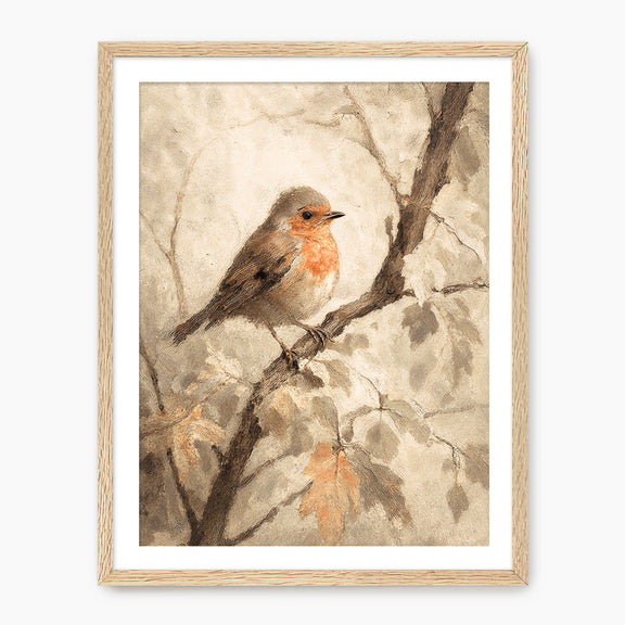 Bird fall print, fall artwork with wood frame, fall wall art, robin in the woods fall oil painting, fall wall decor in burnt orange and light beige, Sage & Rose Prints