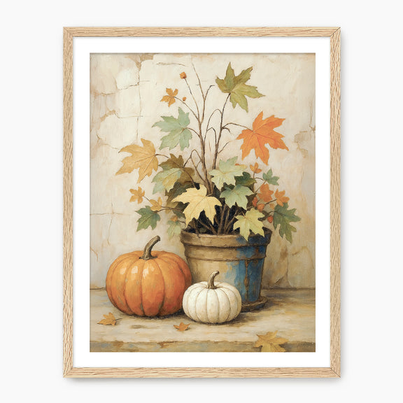 Pumpkin fall print, fall artwork with wood frame, fall wall art, pumpkin fall oil painting, fall wall decor in burnt orange and light beige, Sage & Rose Prints