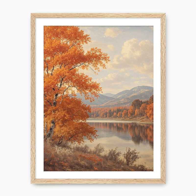 Vintage style fall landscape painting print, fall artwork with wood frame, fall wall art, fall forest, autumn trees, vintage style, Old Masters, rustic, fall painting, fall wall decor in burnt orange and light beige, Sage & Rose Prints