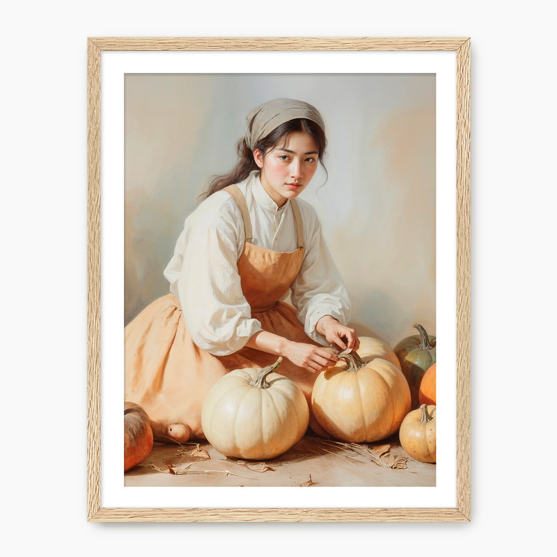 Vintage Painting of Girl with Pumpkins Fall Art Print - Sage and Rose Prints