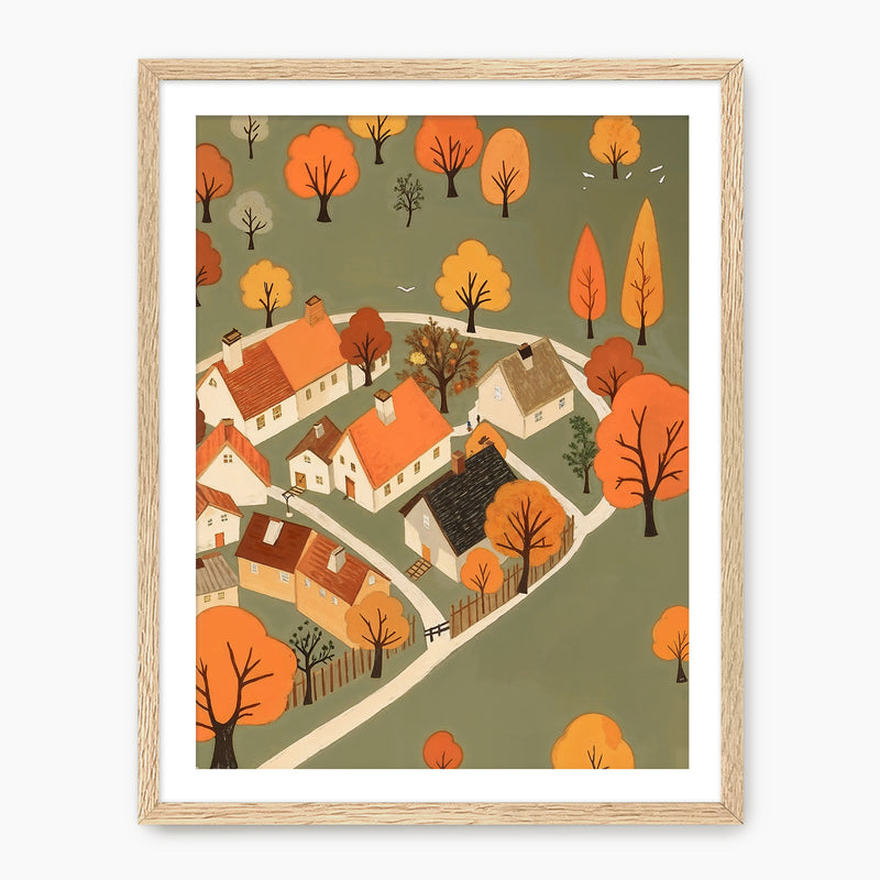 Olive Green Fall Village Illustration - Sage and Rose Prints